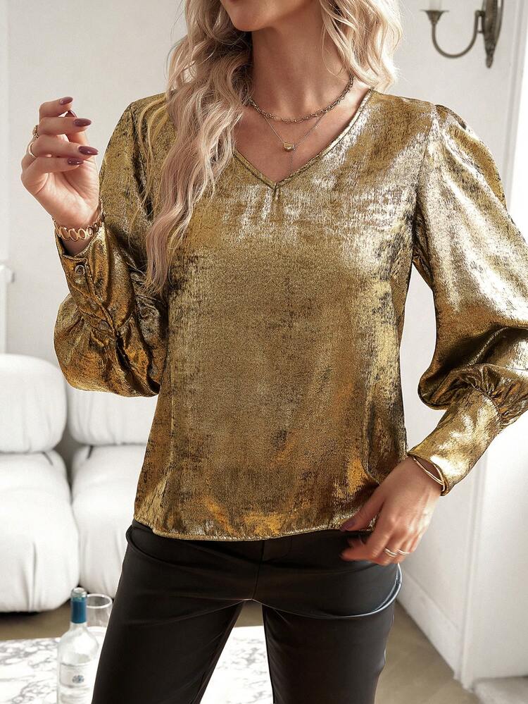 Ladies' Shiny Puff Sleeve Shirt Fall Cloth For Women