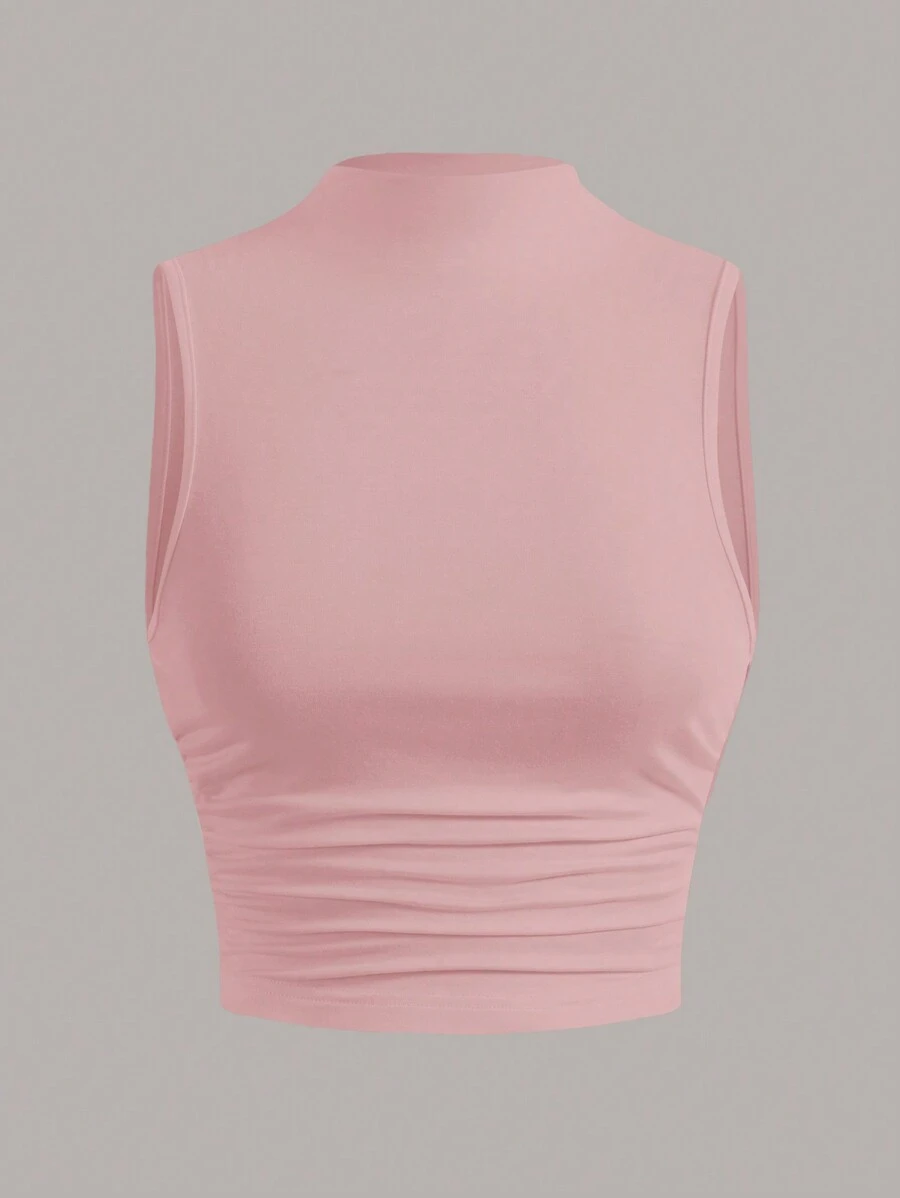 SHEIN EZwear Women's Solid Color Pleated Tank Top - Pink - View 1