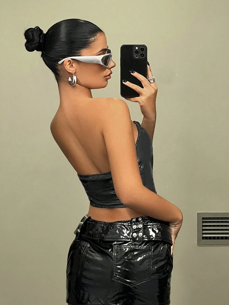 Zipper Front Pu Bustier Top