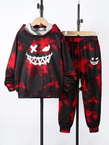 2 Cái/bộ Bé Trai Đơn Giản Và Thời Trang Họa Tiết Quỷ Màu Sắc Tương Phản Có Mũ Trùm Đầu Dài Tay Áo Và Quần Trang Phục, Xuân Thu - Đỏ - Xem 1
