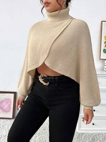 Flirla 大码女式高领不对称下摆套头衫 - 杏色 - 查看 3