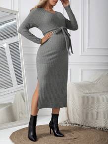 SHEIN Maternity Round Neck Raglan Sleeve Ribbed High Slit Hem Dress - Grey - View 5