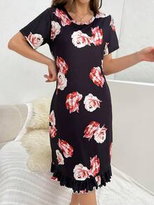 Women's Floral Printed Short Sleeve Sleep Dress - Black - View 3