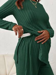 SHEIN Thai sản Màu thuần Đan Tay áo dài Bộ áo thun & Quần - Màu xanh Bạc hà - Xem 6