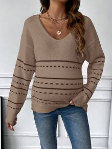 SHEIN Maternity Striped Drop Shoulder Sweater, For Winter - Khaki - View 6