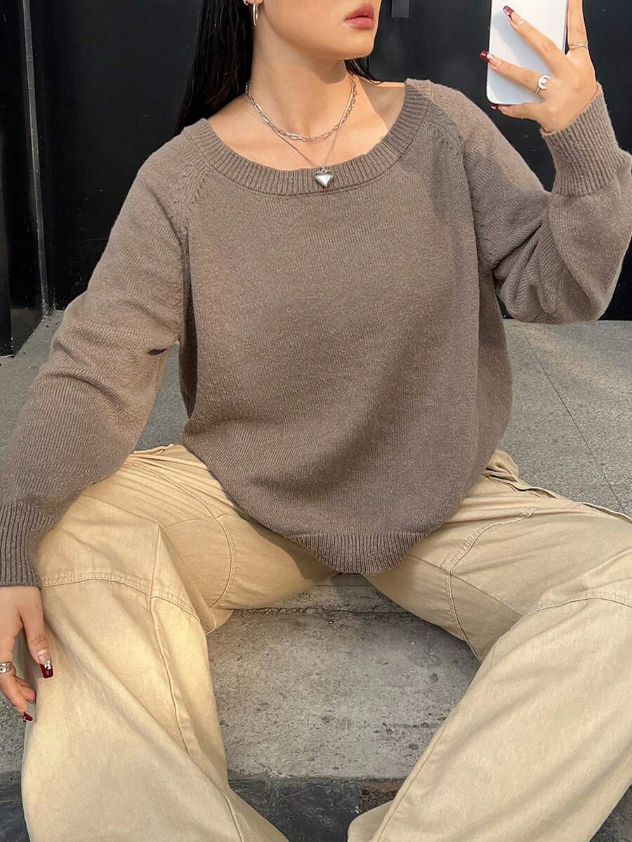 SHEIN EZwear 大碼素色插肩袖套頭毛衣 - 駝色 - 查看 1