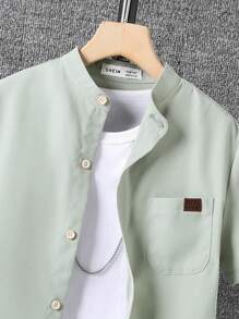 SHEIN 男童字母貼細節口袋前置襯衫(無內搭) - 薄荷綠 - 查看 4