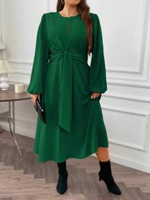 SHEIN Unity 大尺碼女式圓領扭褶燈籠袖連身裙 - 墨綠色 - 查看 5