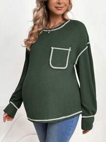 SHEIN Maternity Colorblock Patch Pocket T-shirt - Olive Green - View 6