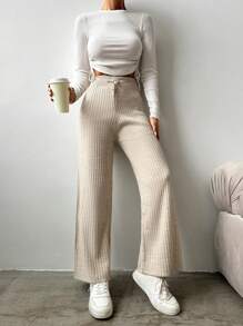 SHEIN Của phụ nữ Lỏng lẻo Eo đàn hồi Dệt kim Quần Với dây rút - Màu be - Xem 3
