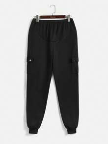 SHEIN 孕婦純色可調腰部長褲 - 黑色 - 查看 4