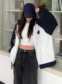 DAZY Sudadera Con Capucha Y Estampado De Estrellas Para Mujer, Manga Raglán Y Cordón - Azul Marino - Ver 1