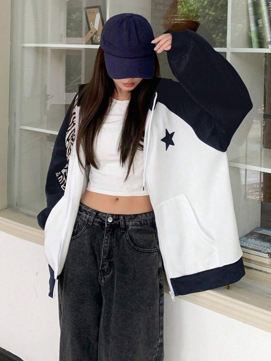 DAZY Sudadera Con Capucha Y Estampado De Estrellas Para Mujer, Manga Raglán Y Cordón - Azul Marino - Ver 1