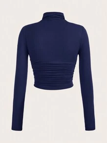 SHEIN EZwear Quý cô Màu thuần Cổ cao Xù Áo thun - Xanh đậm - Xem 2