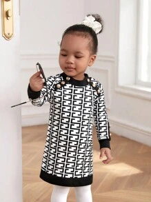 SHEIN Infant Girls' Full Printed Patchwork Long Sleeve Dress - Black and White - View 1