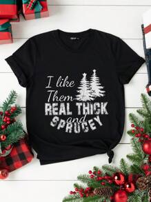 Calvaya 女款大尺碼標語與樹木印花 T 卹 - 黑色 - 查看 1