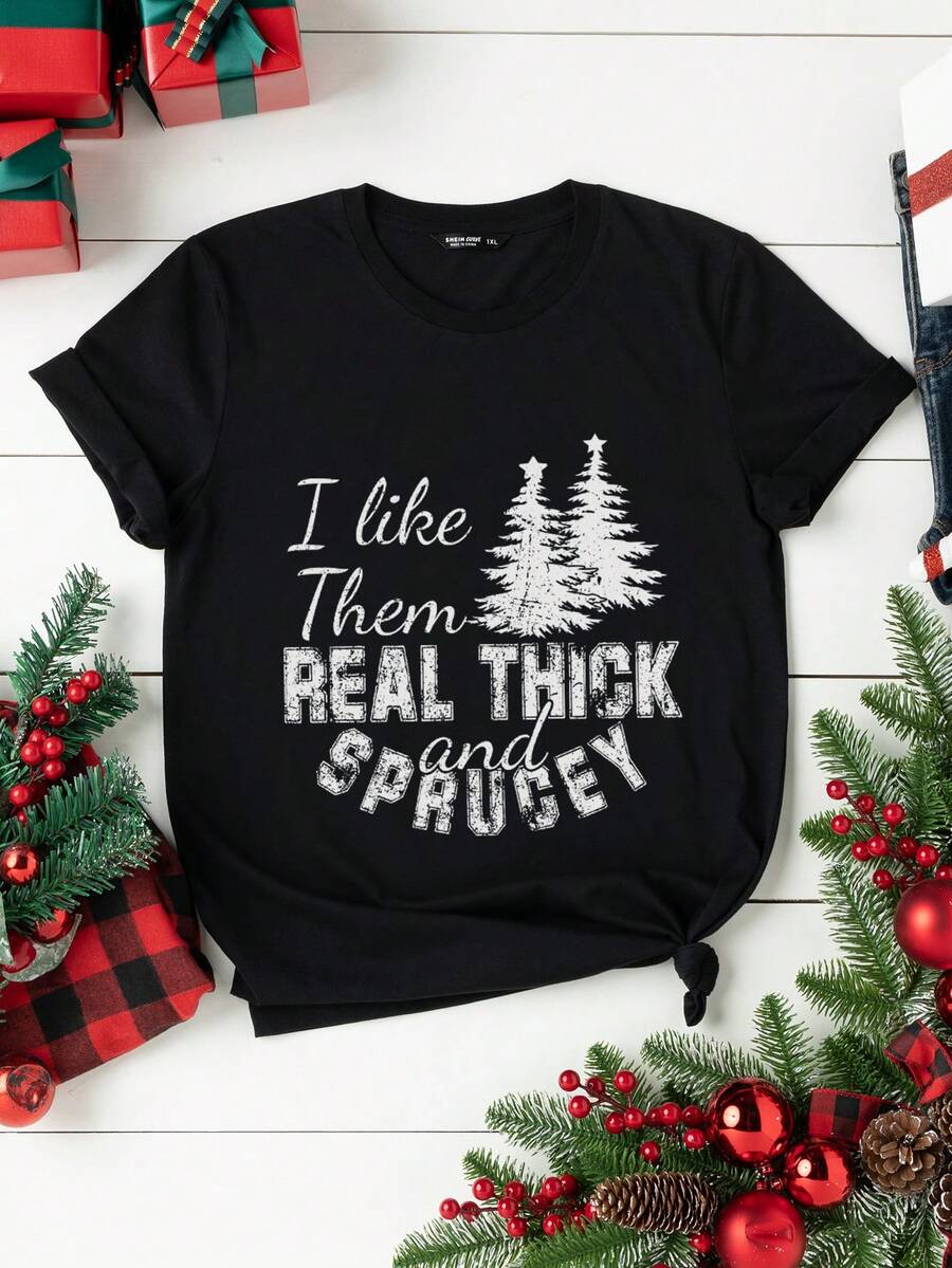 Calvaya 女款大尺碼標語與樹木印花 T 卹 - 黑色 - 查看 1