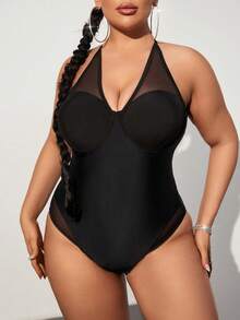 SHEIN Swim Curve 大碼網紗拼接吊脖連體泳衣 - 黑色 - 查看 5