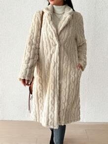 SHEIN Essnce 開衫毛絨質地常規外套 - 杏色 - 查看 6