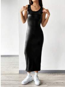 SHEIN EZwear Váy da đan không tay màu đen - màu đen - Xem 6