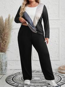 EMERY ROSE 大尺碼女款拼色 T 卹與褲子套裝 - 彩色 - 查看 4