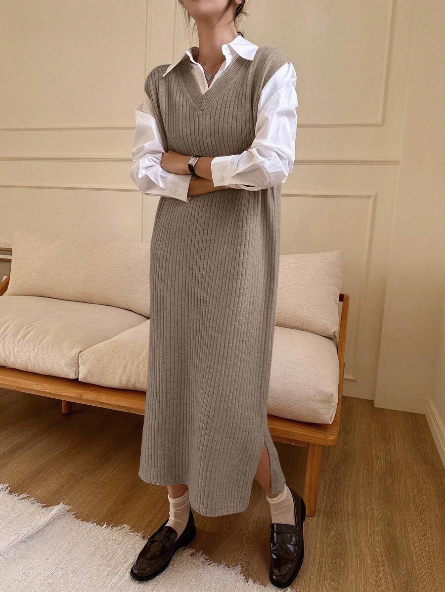 DAZY Women's Solid Color Sweater Dress With Split Hem,Fall Clothes - Coffee Brown - View 1