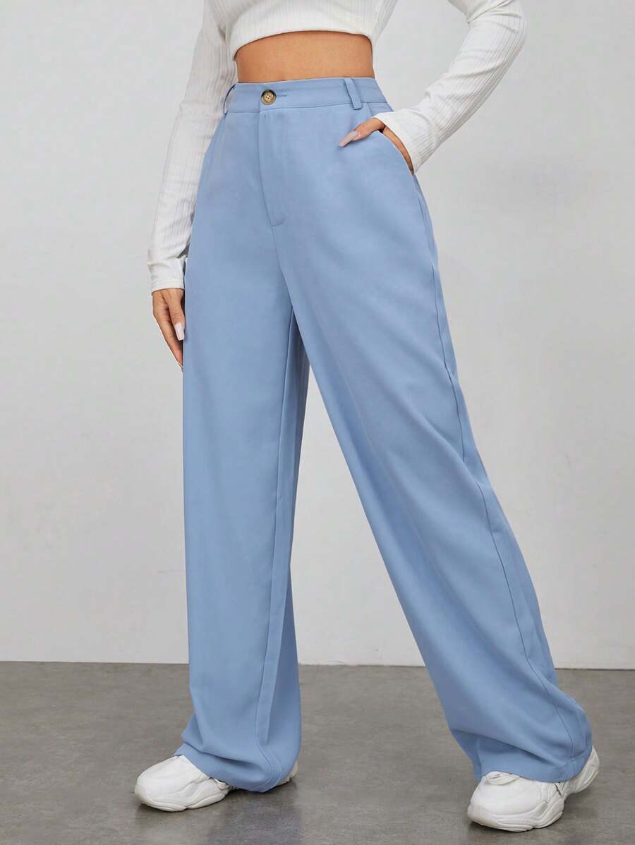 SHEIN EZwear 素色高腰直筒褲 - 霧霾藍 - 查看 1