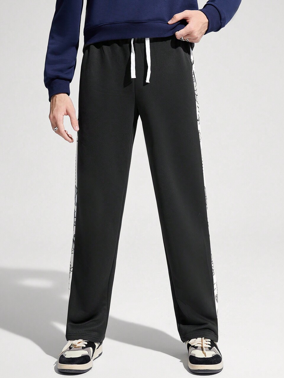 Teenage Boys' Casual Comfortable Knitted Straight Pants With Side Patchwork And Cashew Flower Pattern