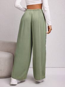 SHEIN EZwear Dây rút Dệt Quần ống rộng - Màu xanh Ô liu - Xem 3