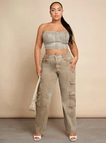 SHEIN BAE 大尺寸裝飾口袋工裝牛仔褲 - 卡其色 - 查看 2