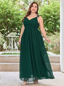 Plus Size Women's Olive Green Split Shoulder Embroidered Chiffon Party Dress - Dark Green - View 5