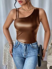 SHEIN Essnce Women's Asymmetrical Shoulder Shiny Top - Brown - View 3