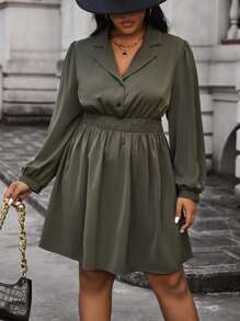 Calvaya Plus Size Turn-down Collar Shirt Dress - Army Green - View 1