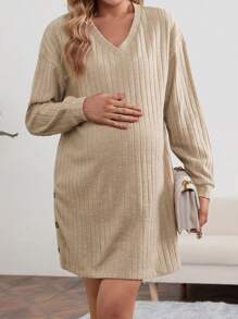 SHEIN Women's Solid Color V Neck Ribbed Bodycon Knit Dress For Maternity - Blue - View 5