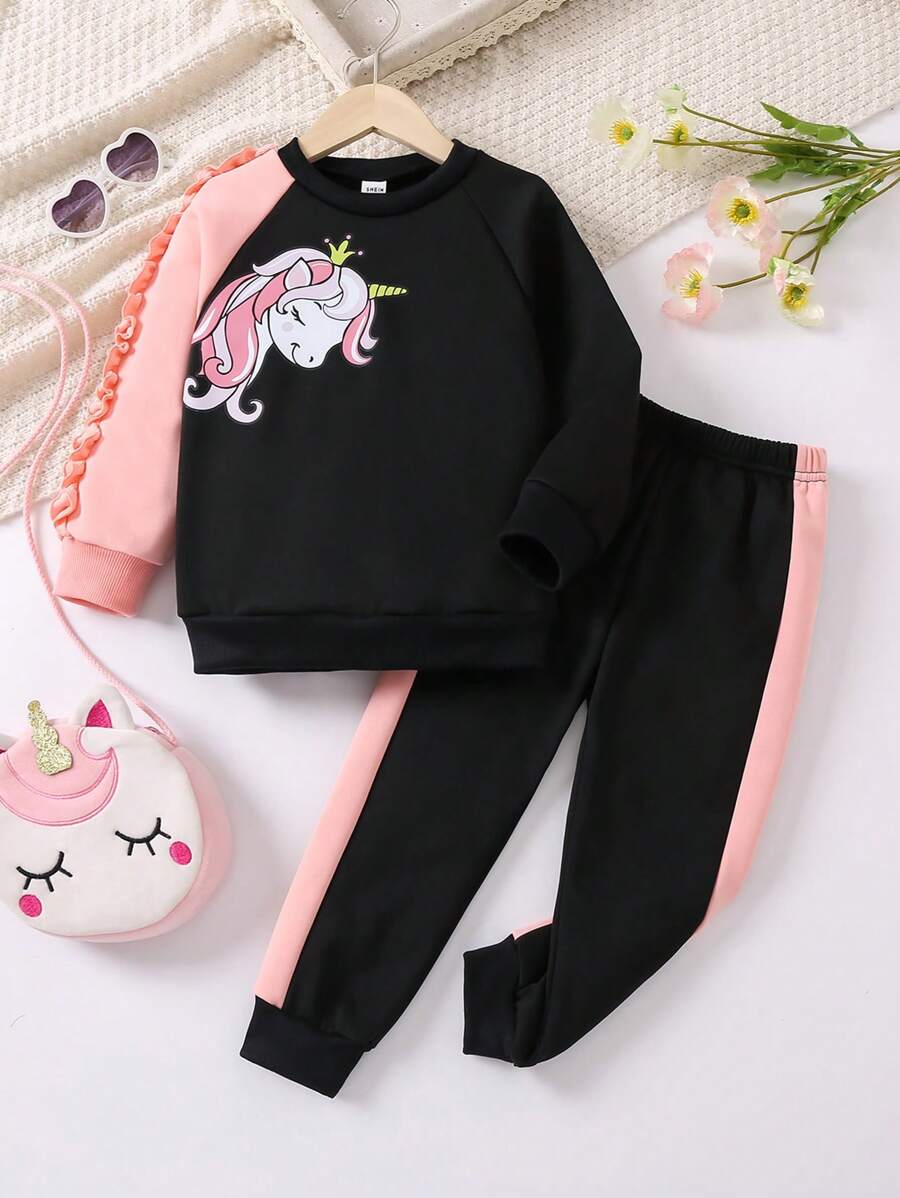 SHEIN 幼兒女孩可愛獨角獸拼布運動衫和運動褲套裝,休閒風格 - 黑色 - 查看 1