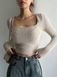 DAZY Của phụ nữ Sang trọng Áo thun Với Thanh lịch Đường viền cổ áo - Màu be - Xem 2