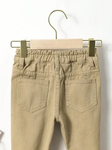 Infant Girls' Casual Loose & Comfortable Jeans With Elastic Waist, Cute Floral Embroidered Heart & Letter Decoration - Apricot - View 6