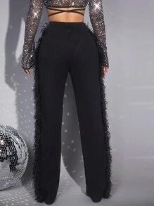 SHEIN SXY 女用毛邊拼布直筒長褲 - 黑色 - 查看 2