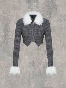 SHEIN EZwear Trang trí Fuzzy Dây kéo Áo phông Crop - Xám - Xem 1