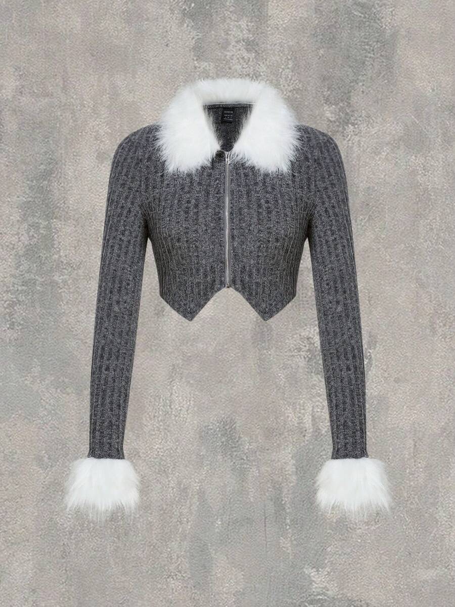 SHEIN EZwear Trang trí Fuzzy Dây kéo Áo phông Crop - Xám - Xem 1