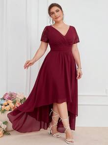 Lace Patchwork Sleeve Chiffon Party Dress - Burgundy - View 4