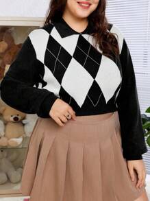 SHEIN EZwear Sudadera Con Cuello Y Patrón De Diamante Para Mujeres Con Talla Grande - Blanco y Negro - Ver 3