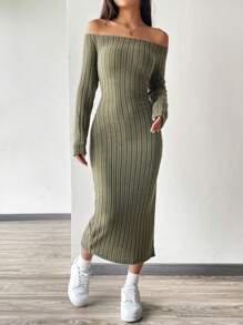 SHEIN EZwear 綠色針織露肩女連身裙 - 軍綠色 - 查看 3