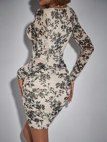 Allurite Vestido Ajustado Plisado Con Diseño Floral Y Escote De Corazón - Multicolor - Ver 2