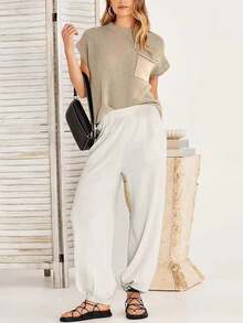 Women'S Batwing Short Sleeve Top And Pants Set - Khaki - View 6
