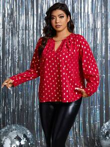 SHEIN Clasi 加大碼金點印花鑷孔圓領上衣 - 紅色 - 查看 5