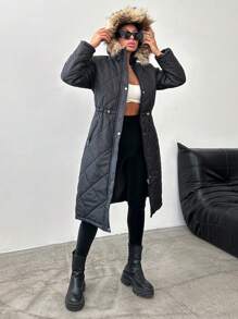 EURMUSE Women'S Long Quilted Padded Jacket With Fur Collar - Black - View 6