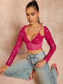 SHEIN BAE Của phụ nữ Áo Với Kim sa Đồ trang trí - Màu Hồng Tươi - Xem 6