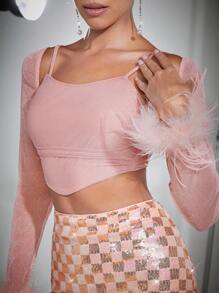SHEIN Unity 时尚毛绒袖口闪光网眼短款上衣 - 淺粉色 - 查看 3