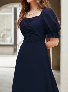 Modelyn 心形领泡泡袖百褶连衣裙长款晚礼服 - 寶藍色 - 查看 3